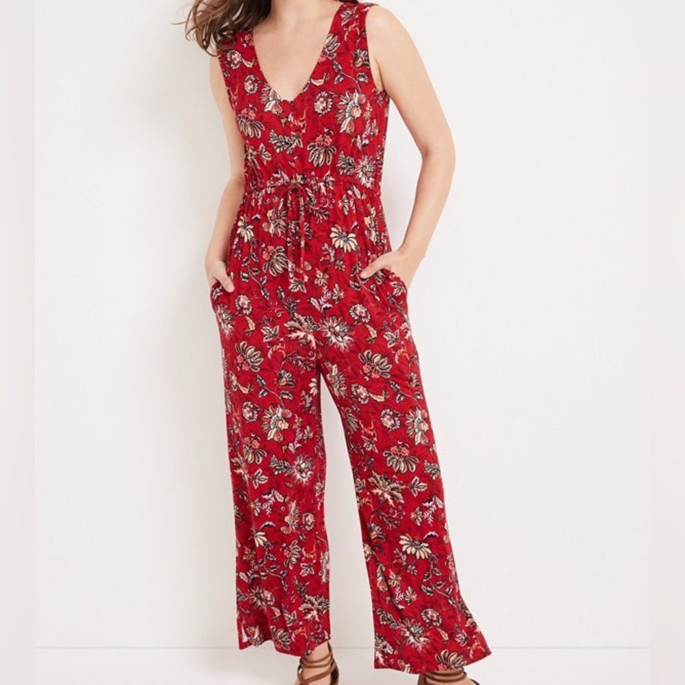 Maurice's Floral Retro Cropped Jumpsuit Red Black Print Small